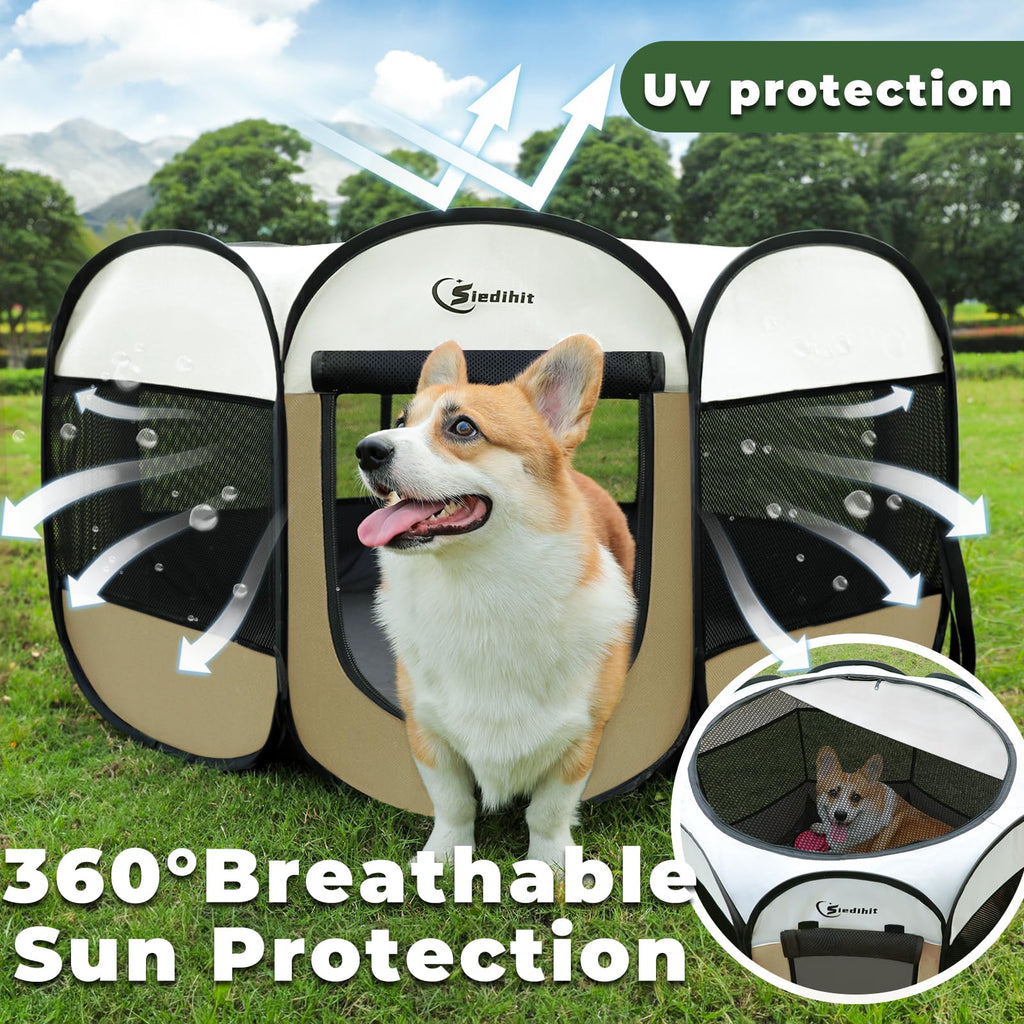 Dog Cat Playpen, Medium Puppy Pet Playpen, Dog Crate Tent Cage Indoor/Outdoor, Portable Pop Up Dogs Kennel Playpen with Carrying Case for Dogs/Cats/Rabbits Coffee