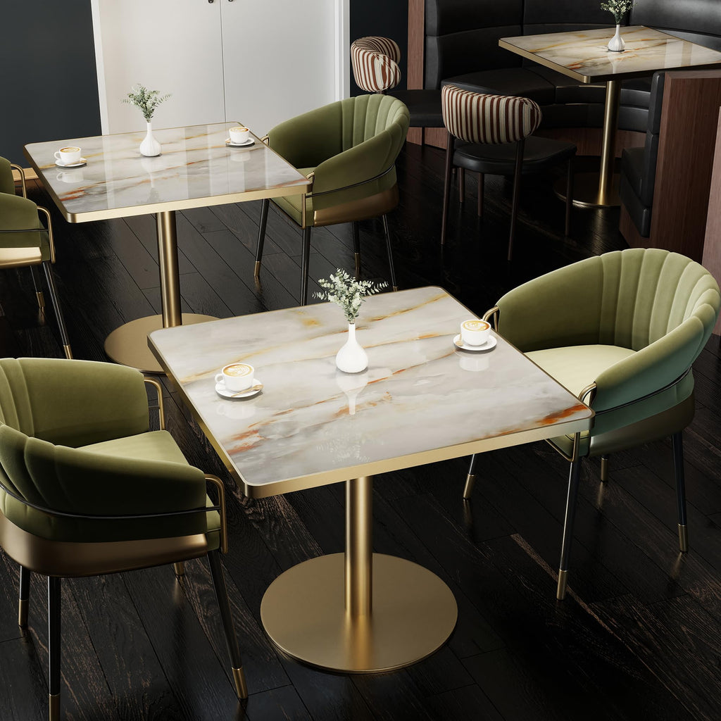 31.5" Tulip Table,Square Kitchen Dining Table for 2-4 with Thick Sintered Stone Top,Titanium Golden Pedestal Base,Heat-Resistant,Bistro Table for Dining Room,Café,Small Space（Sunrise Strings）