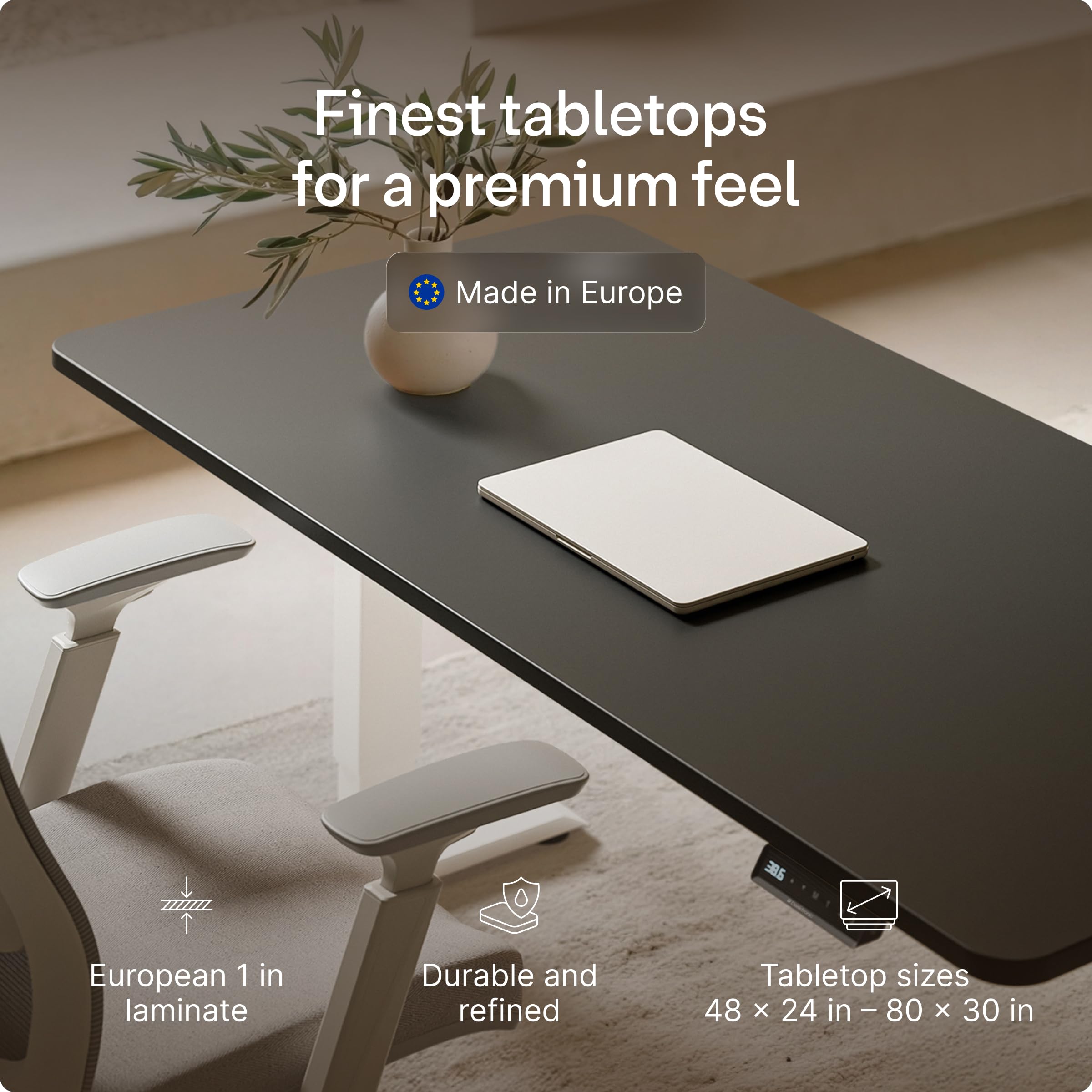 HomePro Standing Desk 54x28 — Made in Europe, Ergonomic Sit Stand Home Office Desk, Electric Height Adjustable, Dual Motor, USB & USB-C Charging, Wobble-Free, Touchscreen, 3 Memory Presets