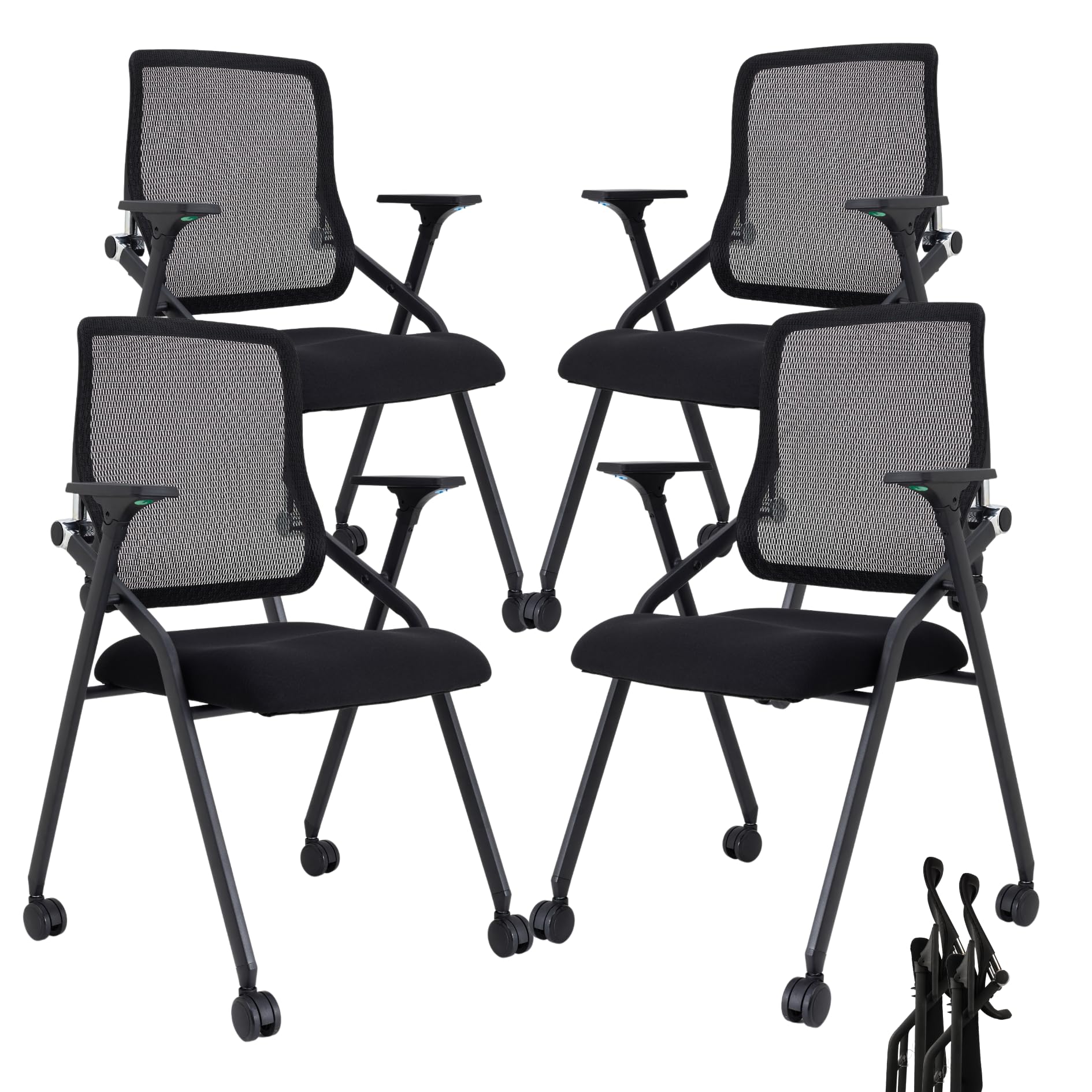 4 Pack Black, Updated Conference Room Chairs, Folding Office Desk Chair with Lumbar Support and Sliding Armrest with Casters, Stackable Office Guest Chairs & Reception Chairs