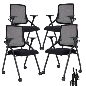 4 Pack Black, Updated Conference Room Chairs, Folding Office Desk Chair with Lumbar Support and Sliding Armrest with Casters, Stackable Office Guest Chairs & Reception Chairs