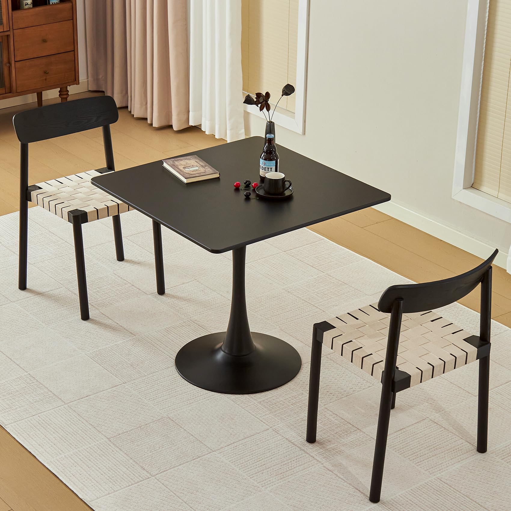 Square Dining Table, 31.5" Tulip Table with Thickened Tabletop & Metal Pedestal, Mid Century Modern Bistro Table for Kitchen, Small Places, Living Room, Cafe (Black)