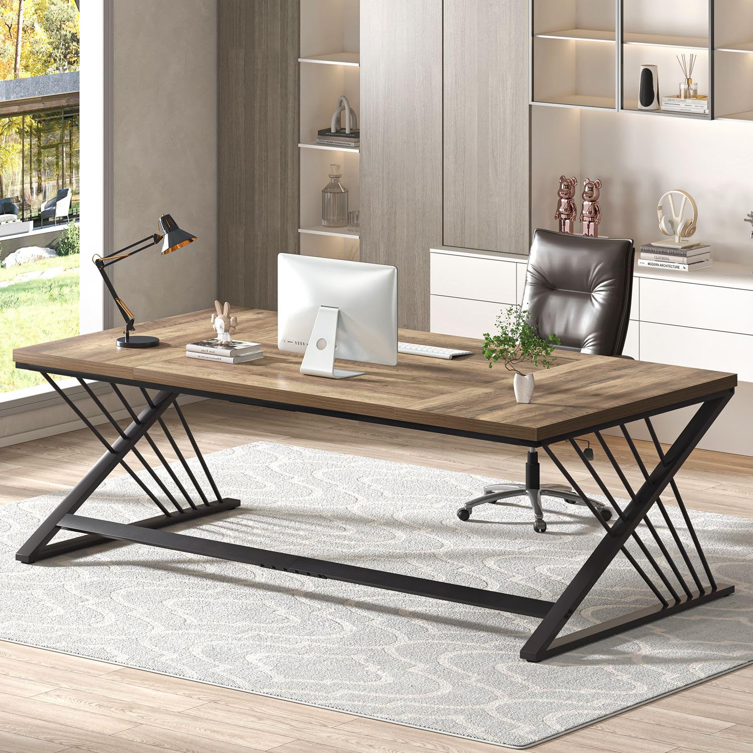 70.9" Computer Desk with Z-Shaped Legs, Industrial Work Executive Home Office Desk, Large 2 Person Gaming Study Desk Writing Table, Oak