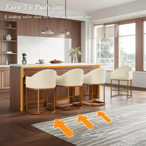 Counter Height Bar Stools Set of 3,Modern Counter Height Bar Stools,PU Leather Upholstered Barrel Barstools with Backs,26'' Kitchen Island Chairs,Metal Gold Frames,Beige White Leather