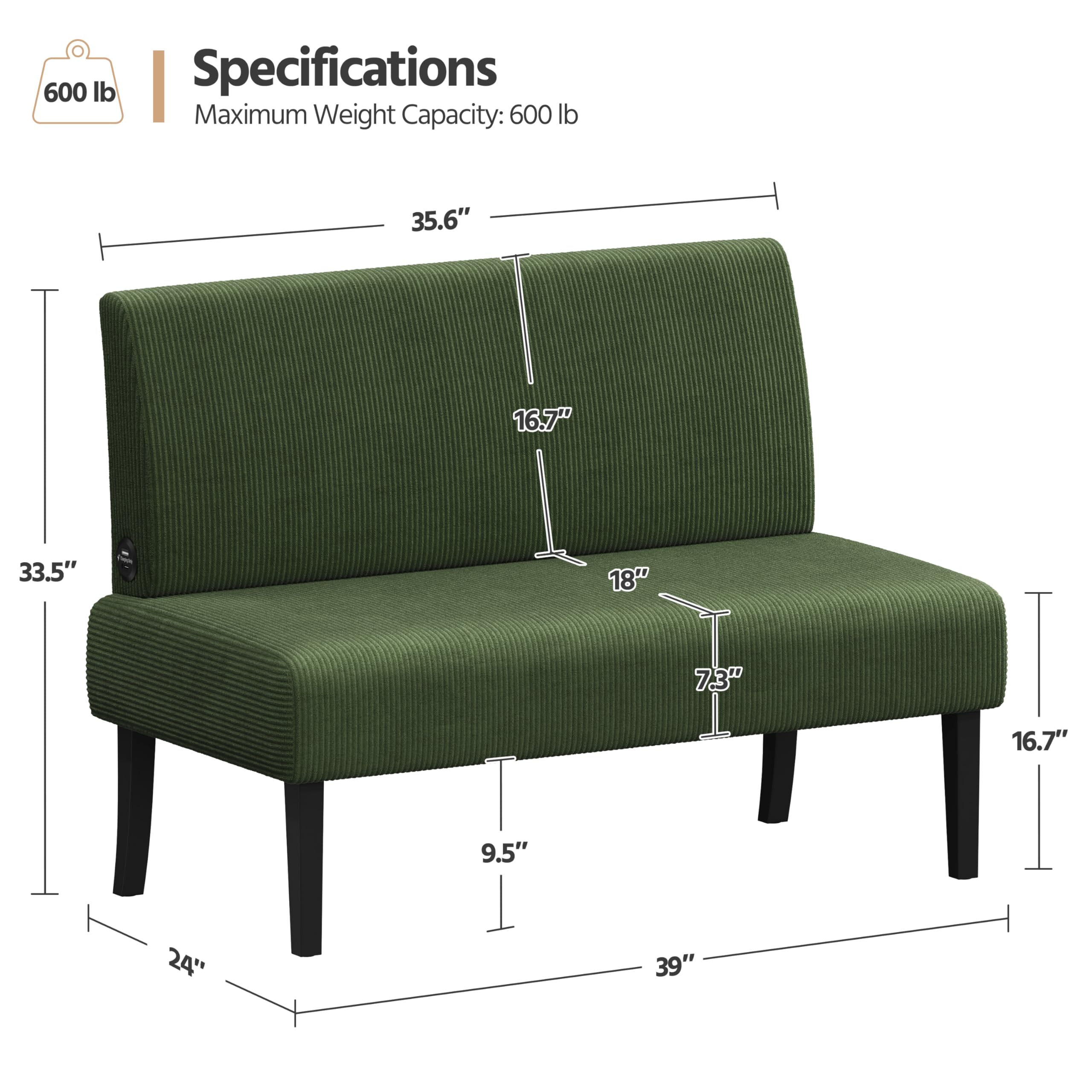 Small Mini Sofa Couch Armless Loveseat Futon for Bedroom, Corduroy Fabric & Easy Assembly, for Small Spaces Living Room,Dorm,Office,Apartment, Green
