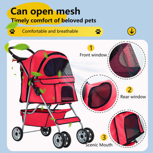 Pet Stroller 4-Wheel Dog Cat Stroller Travel Folding Carrier Puppy Stroller with Cup Holder and Removable Liner for Small Medium Dogs Cats, Red