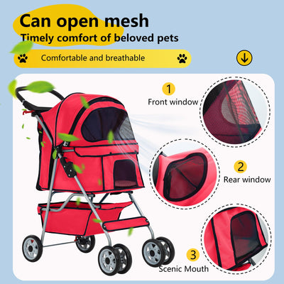 Pet Stroller 4-Wheel Dog Cat Stroller Travel Folding Carrier Puppy Stroller with Cup Holder and Removable Liner for Small Medium Dogs Cats, Red