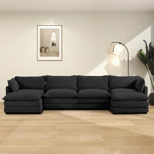 148'' Sectional Cloud Couch with 2 Ottomans, Oversized 4 Seat Sleeper Sofa with 2 Throw Pillows, Convertible Upholstered U Shaped Cozy Sofa Furniture Set for Living Room and Office, Black