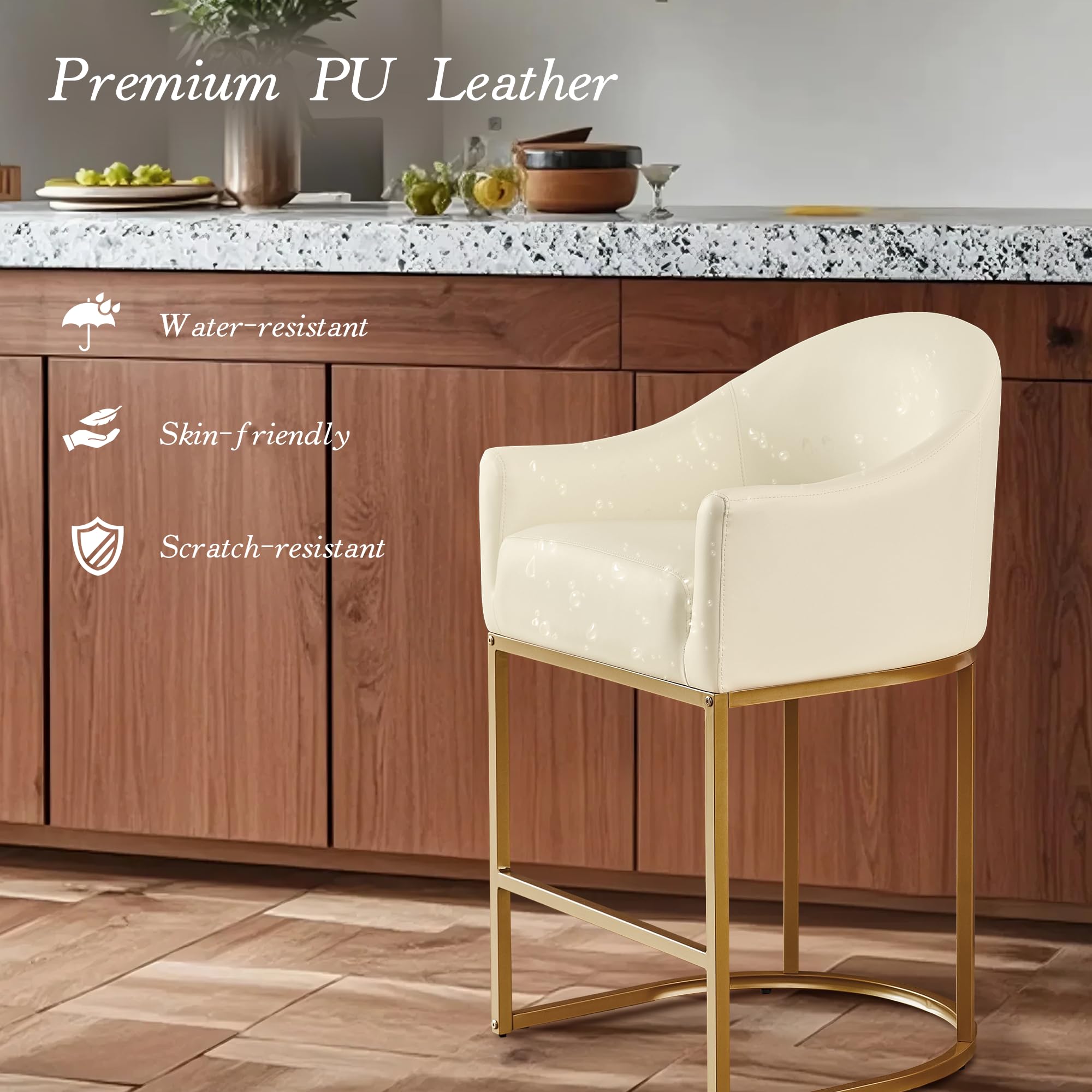 Counter Height Bar Stools Set of 2,Modern Counter Height Bar Stools,PU Leather Upholstered Barrel Barstools with Backs,26'' Kitchen Island Chairs,Metal Gold Frames,Beige White Leather