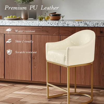 Counter Height Bar Stools Set of 2,Modern Counter Height Bar Stools,PU Leather Upholstered Barrel Barstools with Backs,26'' Kitchen Island Chairs,Metal Gold Frames,Beige White Leather