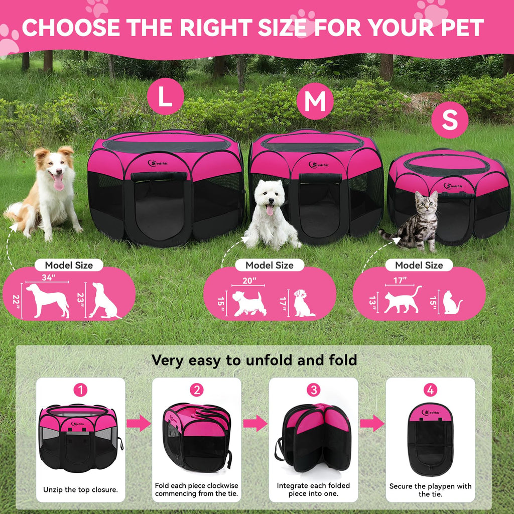 Dog Playpen, Medium Puppy Pet Playpen, Dog Crate Tent Cage Indoor/Outdoor, Portable Pop Up Dogs Kennel Playpen with Carrying Case for Dogs/Cats/Rabbits, Hot Pink