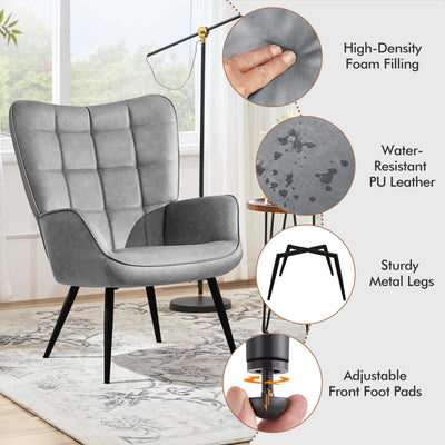 Accent Chairs, Large PU Leather High-Back Chair w/Metal Legs, Pottery Barn Style Living Room Chairs for Bedroom/Home Office, Gray, Set of 2