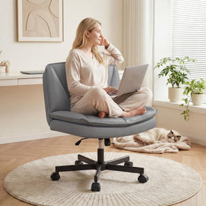 Ergonomic Office Chair, Comfy Criss Cross Chair with Wheels and 2 Layer Cushion, Wide Swivel Chair for Bedroom, Home Office, Makp-up Room, PU Leather, Grey