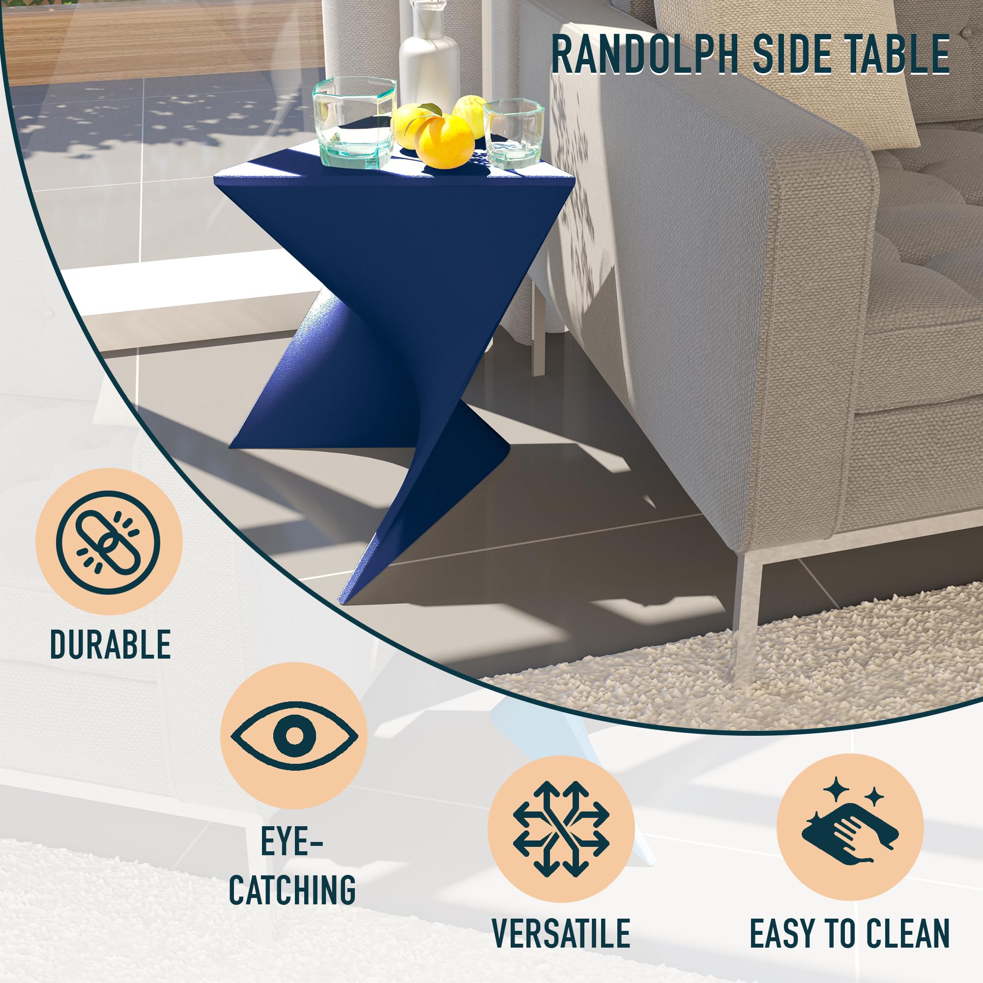 15.75" Triangular Side Table, Stackable Plastic Accent End Table for Indoor & Outdoor Use, Weather-Resistant Modern Patio & Living Room Table, Set of 4, Navy Blue
