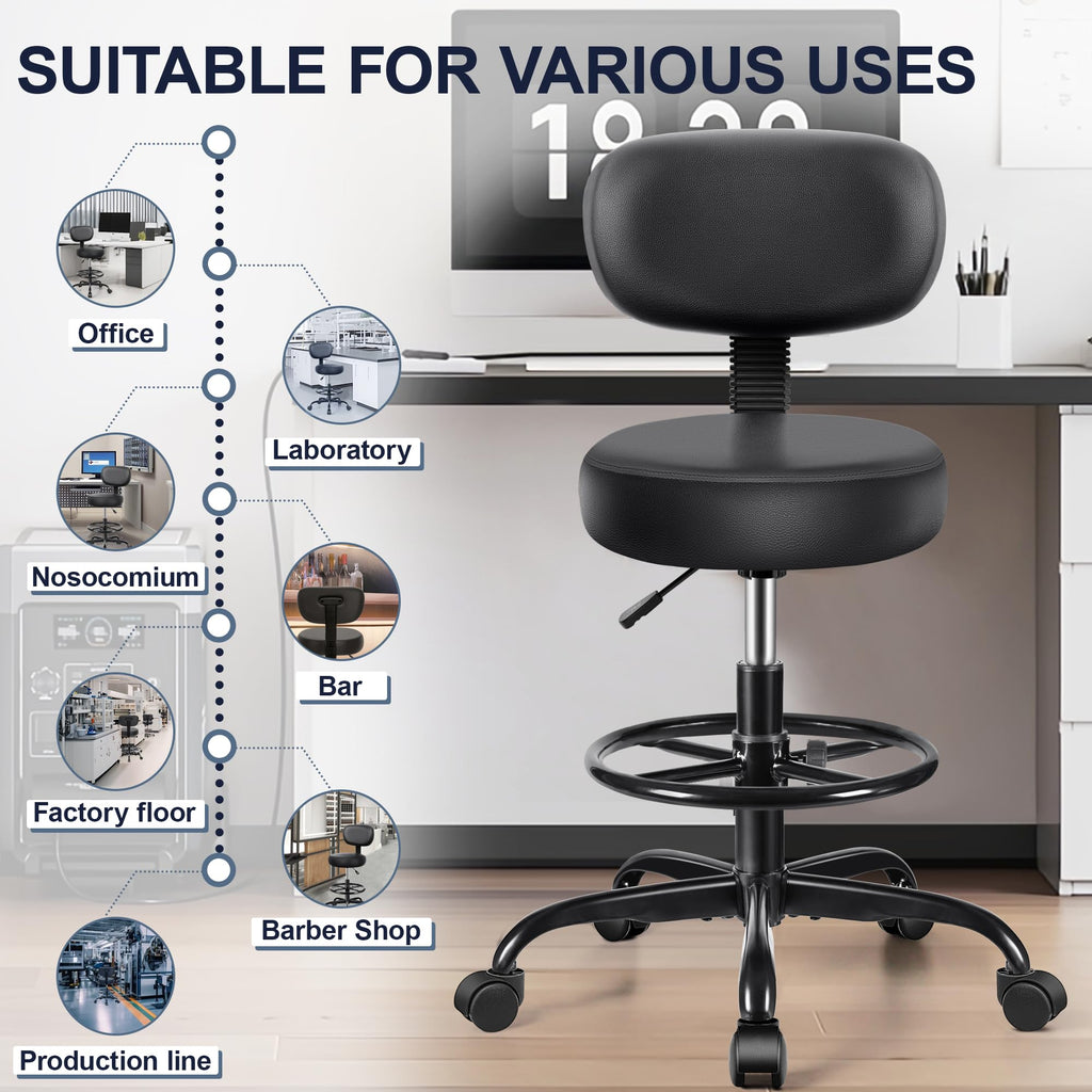Drafting Chair with Backrest – Adjustable Foot Rest Rolling Stool with Wheels, PU Leather Swivel Stool for Office Spa Studio Lab Counter Salon Home Work Bar Kitchen Shop(Black)
