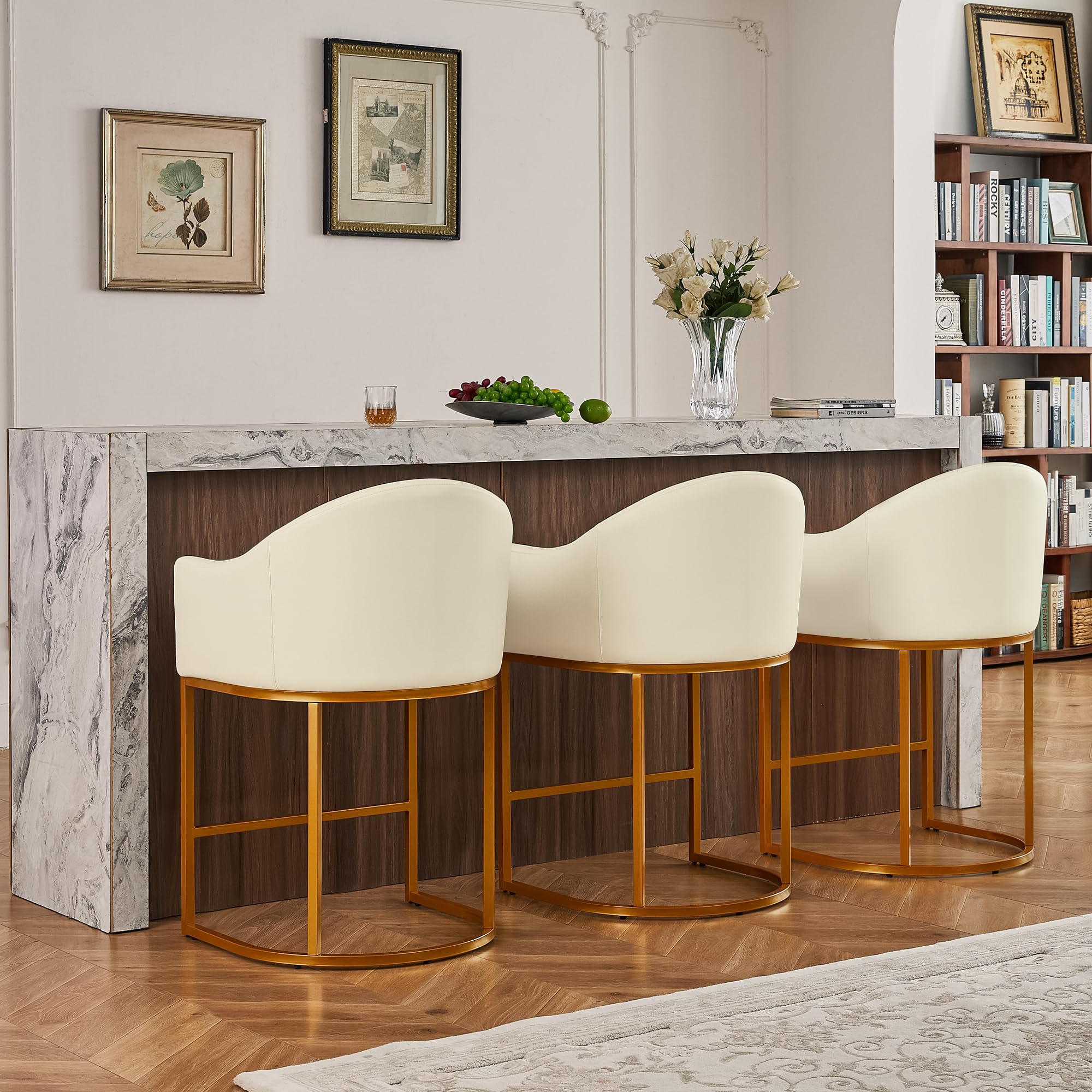 Counter Height Bar Stools Set of 4,Modern Counter Height Bar Stools,PU Leather Upholstered Barrel Barstools with Backs,26'' Kitchen Island Chairs,Metal Gold Frames,Beige White Leather