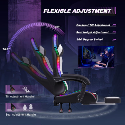 Gaming Chair, Video Game Chair with Footrest and Massage Lumbar Support, Ergonomic Computer Chair Height Adjustable with Swivel Seat and Headrest (RGB Lvory)