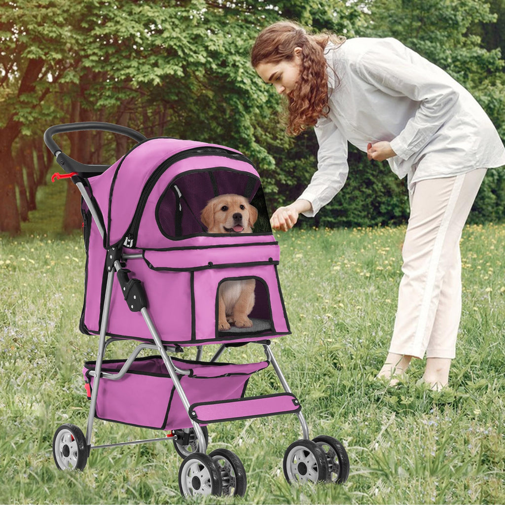 Pet Stroller 4-Wheel Dog Cat Stroller Travel Folding Carrier Puppy Stroller with Cup Holder and Removable Liner for Small Medium Dogs Cats, Pink