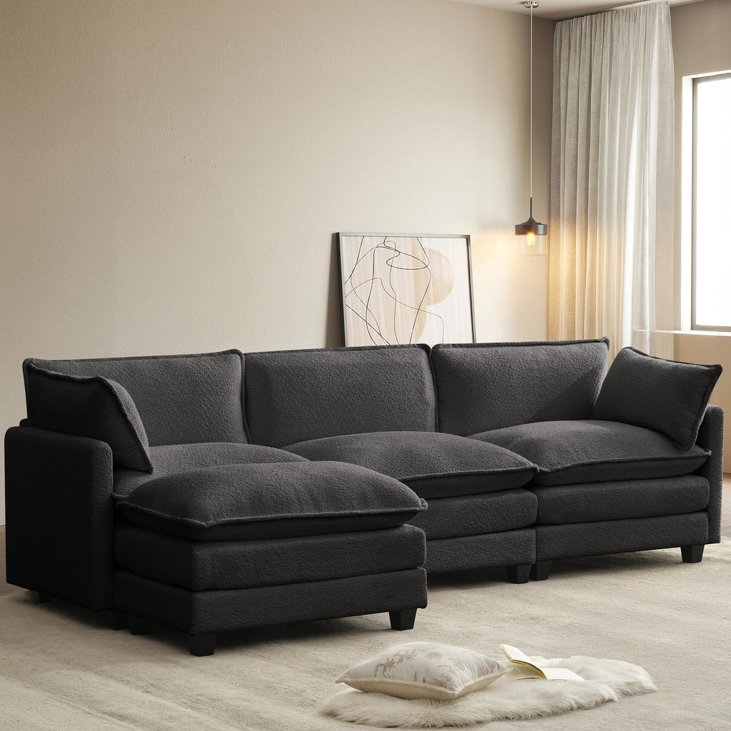 112'' Sectional Cloud Couch with Movable Ottoman, 4 Seat Modern Chenille Modular Sofa with 2 Throw Pillows, Deep Seat L Shaped Couch for Living Room Bedroom Apartment, Dark Grey