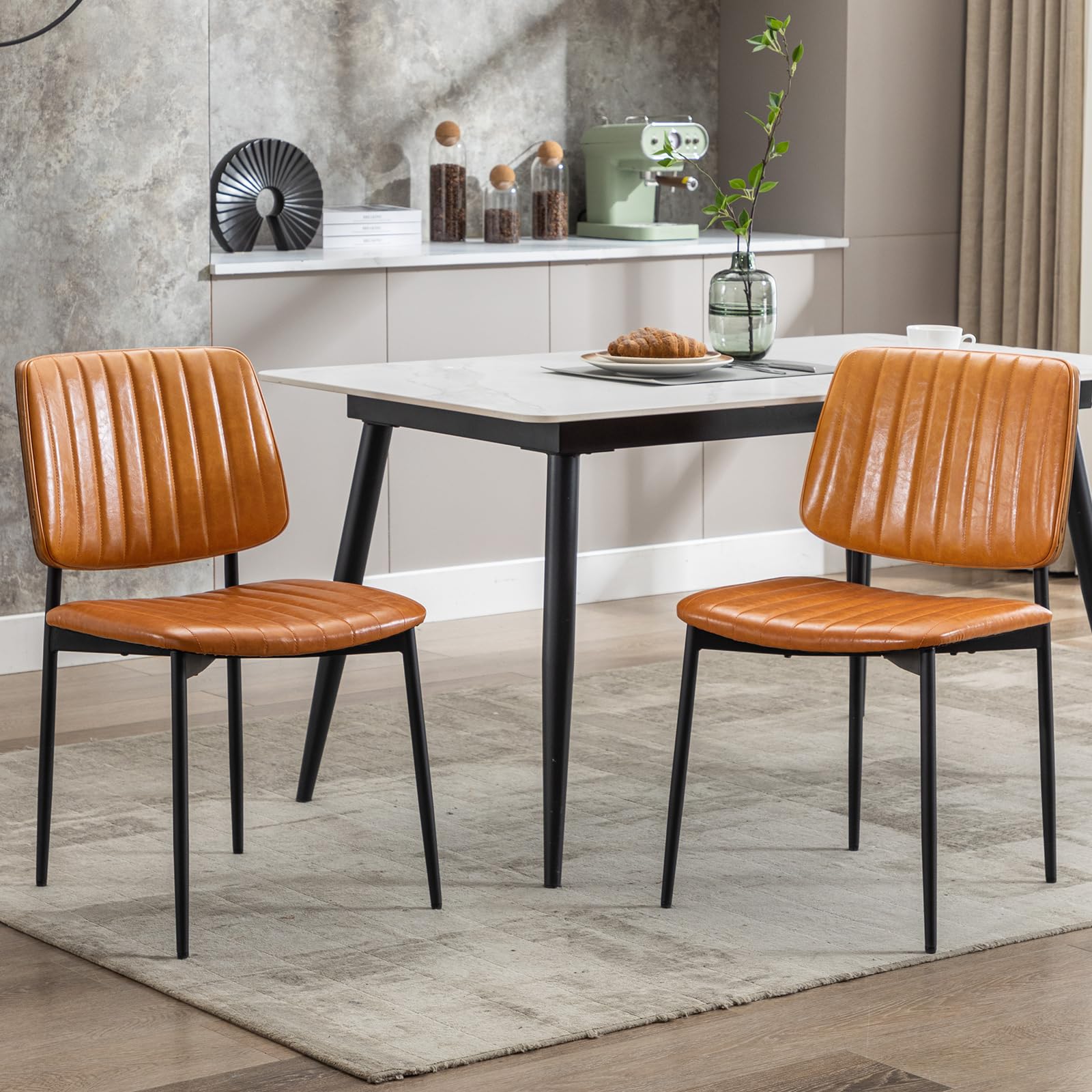 Leather Dining Chairs Set of 6, Mid Century Modern Dining Chairs with Bentwood Backrest and Upholster Seat,Armless Kitchen Chairs with Metal Legs Adjustable Foot for Dining Room(Grey Bentwood)