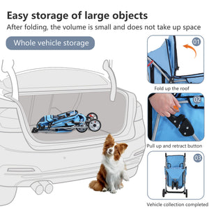 Pet Stroller 3-Wheel Durable Foldable Cat Dog Stroller with Washable Liner Storage Basket Cup Holder,Blue
