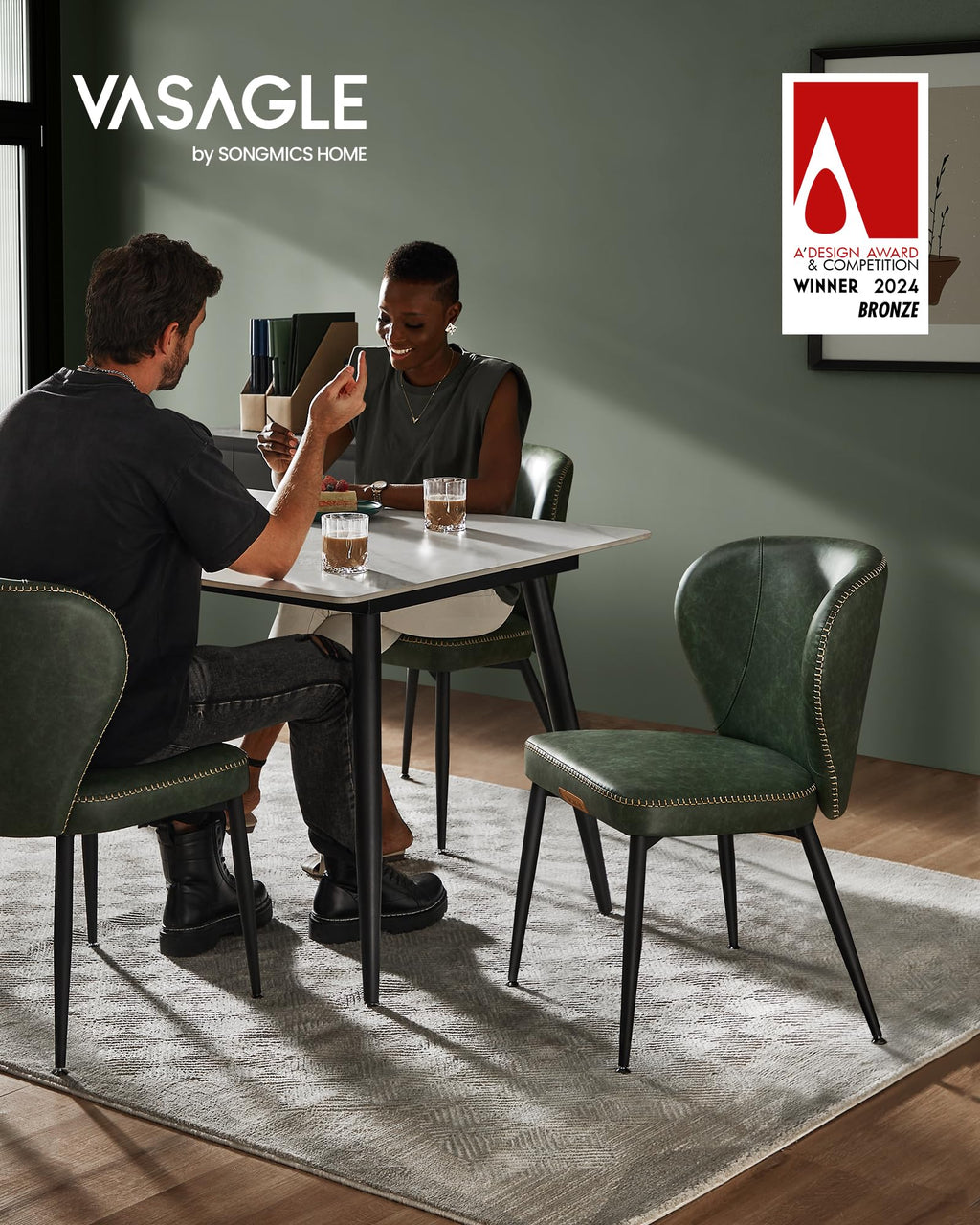 Dining Chairs Set of 2, Upholstered Kitchen Chairs, Comfortable Seat, Synthetic Leather with Stitching, Mid-Century Modern, Easy Assembly, Living Room Lounge, Forest Green