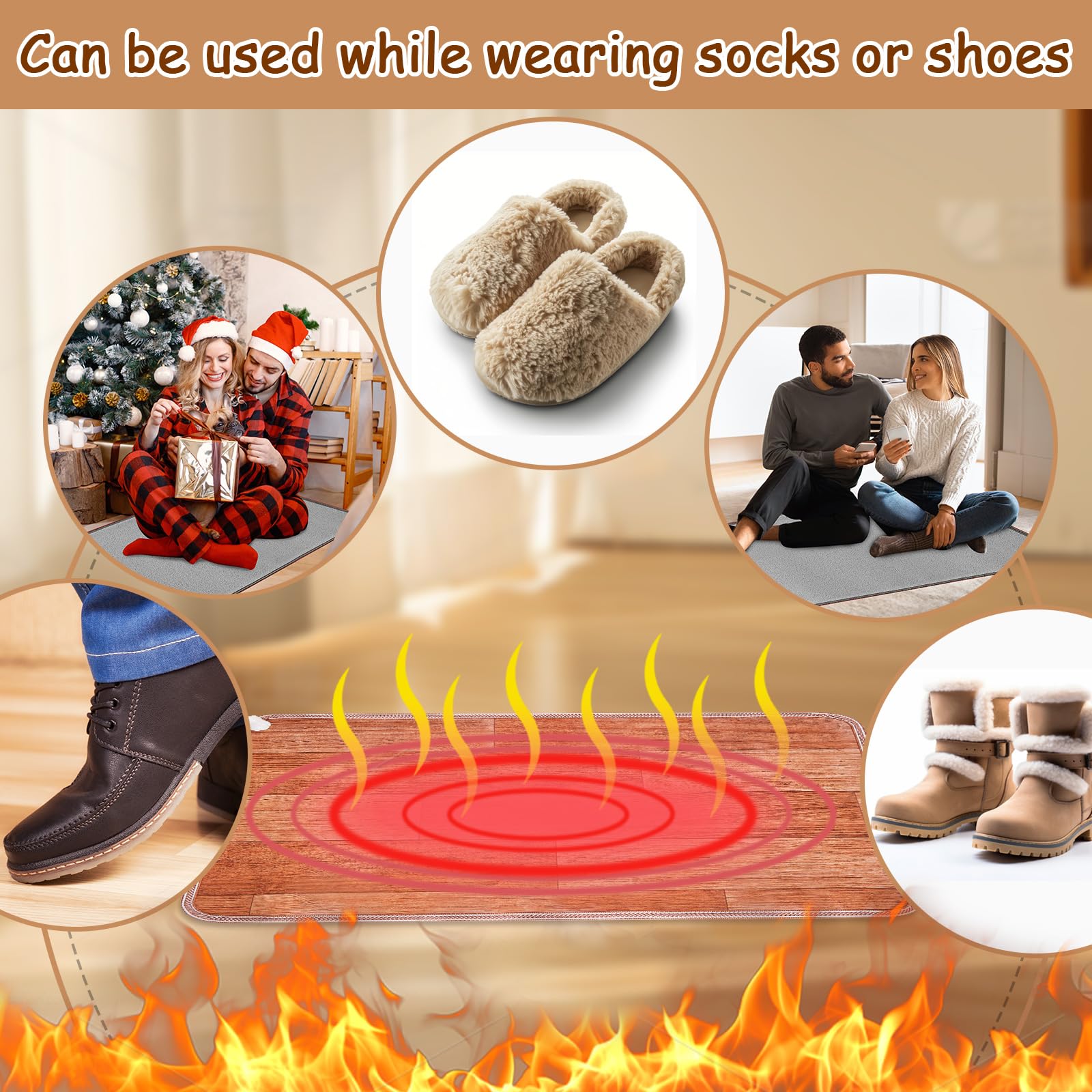 PVC 110V Heated Floor Mat Heater for Foot Warmer Under Desk 31.5 x 20 Inch Electric Heating Pad Energy Saving Carpet Pad Indoor Floor Heated Rug for Home Office Bathroom House Reddish-Brown