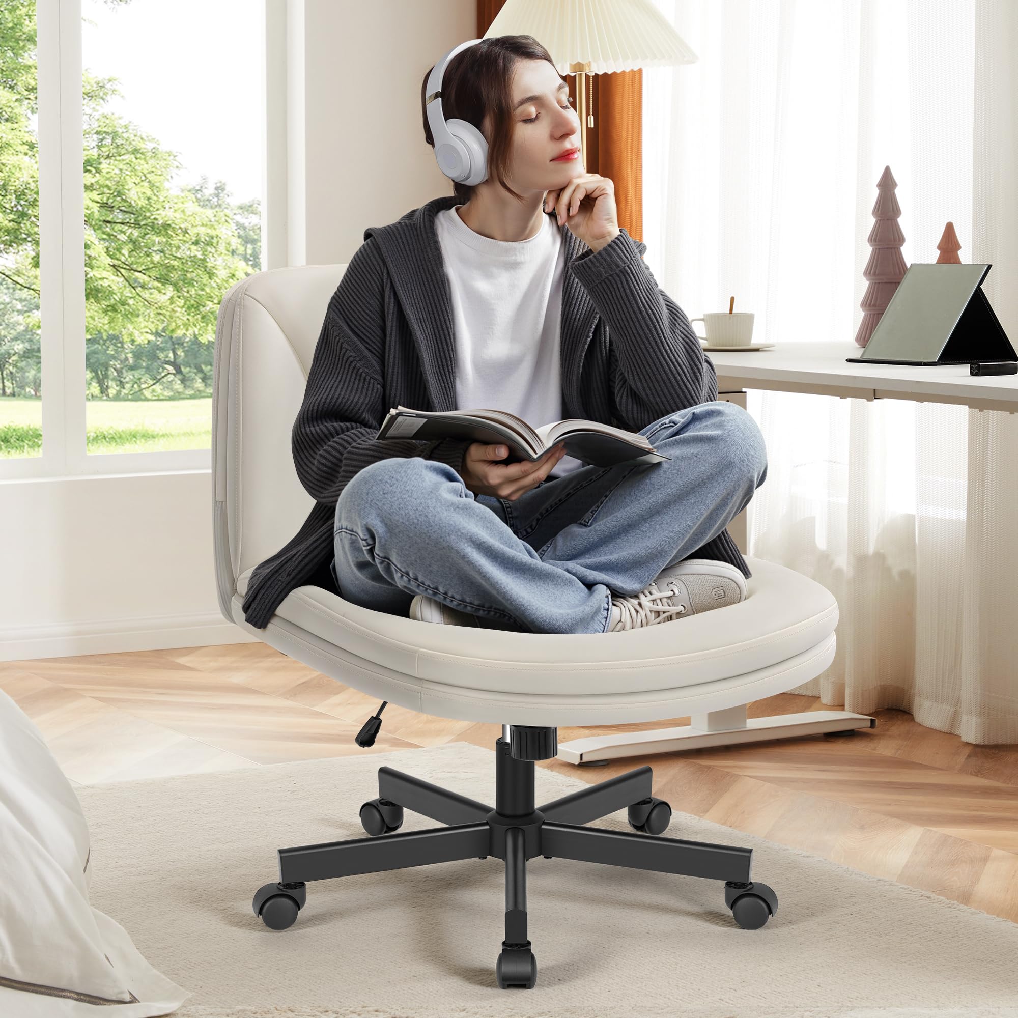 Criss Cross Chair with Wheels, Cross Legged Office Chair, Armless Wide Vanity Desk Chair with Comfty PU Leather & Back - Swivel Height Ajustable for Home Office Bedroom, Pearl White