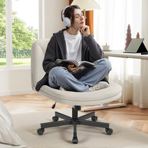 Criss Cross Chair with Wheels, Cross Legged Office Chair, Armless Wide Vanity Desk Chair with Comfty PU Leather & Back - Swivel Height Ajustable for Home Office Bedroom, Pearl White
