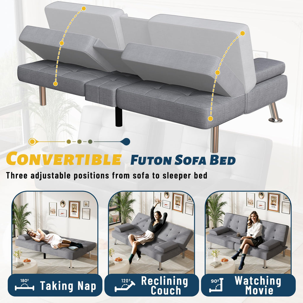 Sofa Bed Adjustable Futon Couch Sleeper Sofa Bed for Living Room, Business Office, Recliner Sofas with Cup Holders (Fabric, Light Gray)