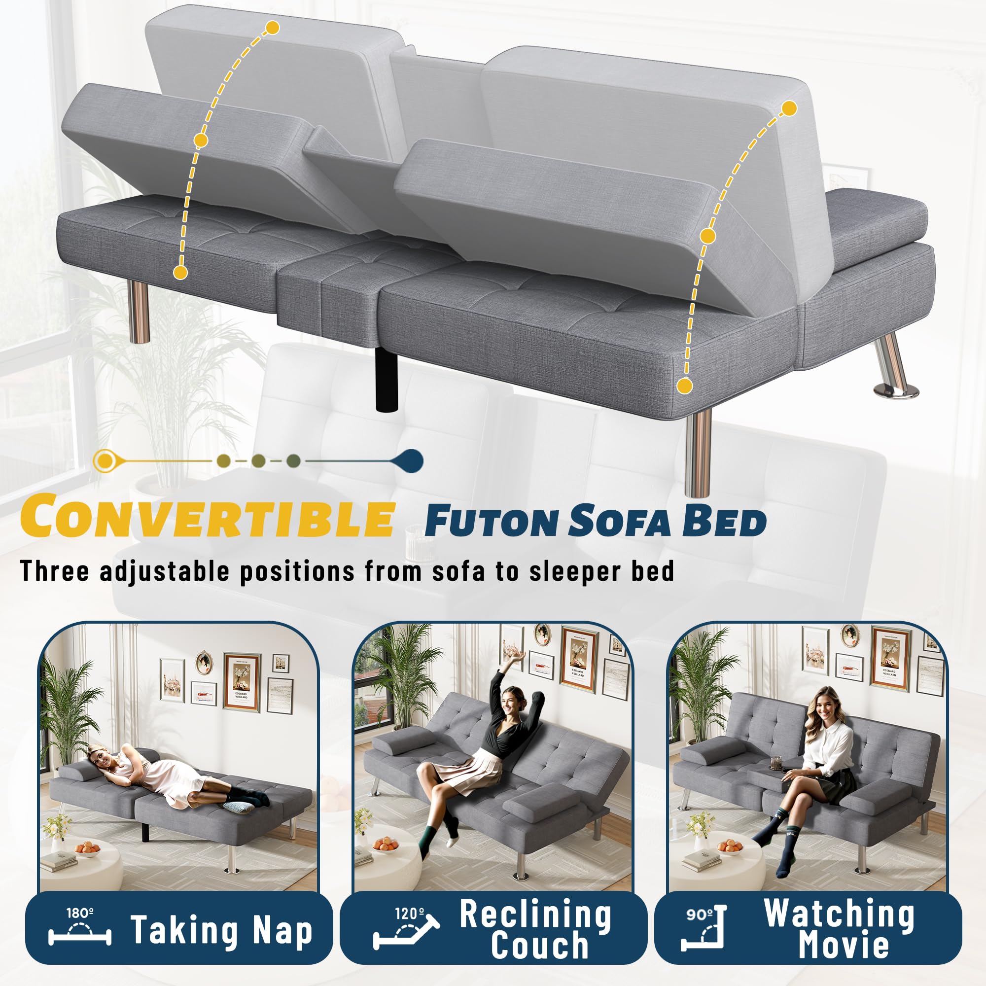 Sofa Bed Adjustable Futon Couch Sleeper Sofa Bed for Living Room, Business Office, Recliner Sofas with Cup Holders (Fabric, Light Gray)