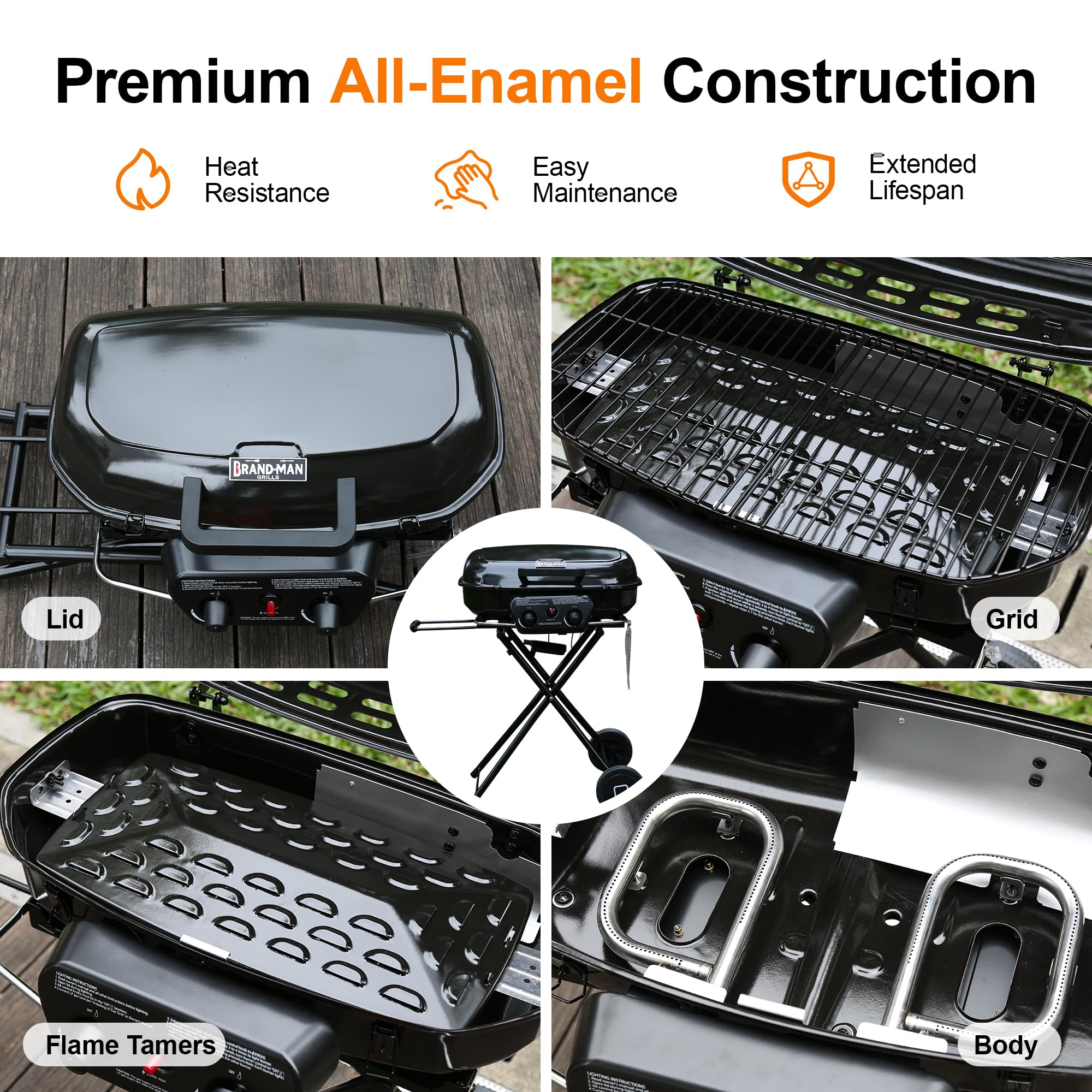 Portable Propane Gas Grill with Folding Cart and Push-Button Ignition, Standup Design for Camping, Tailgating, Backyard BBQ, Patio, Outdoor Cooking (Black)