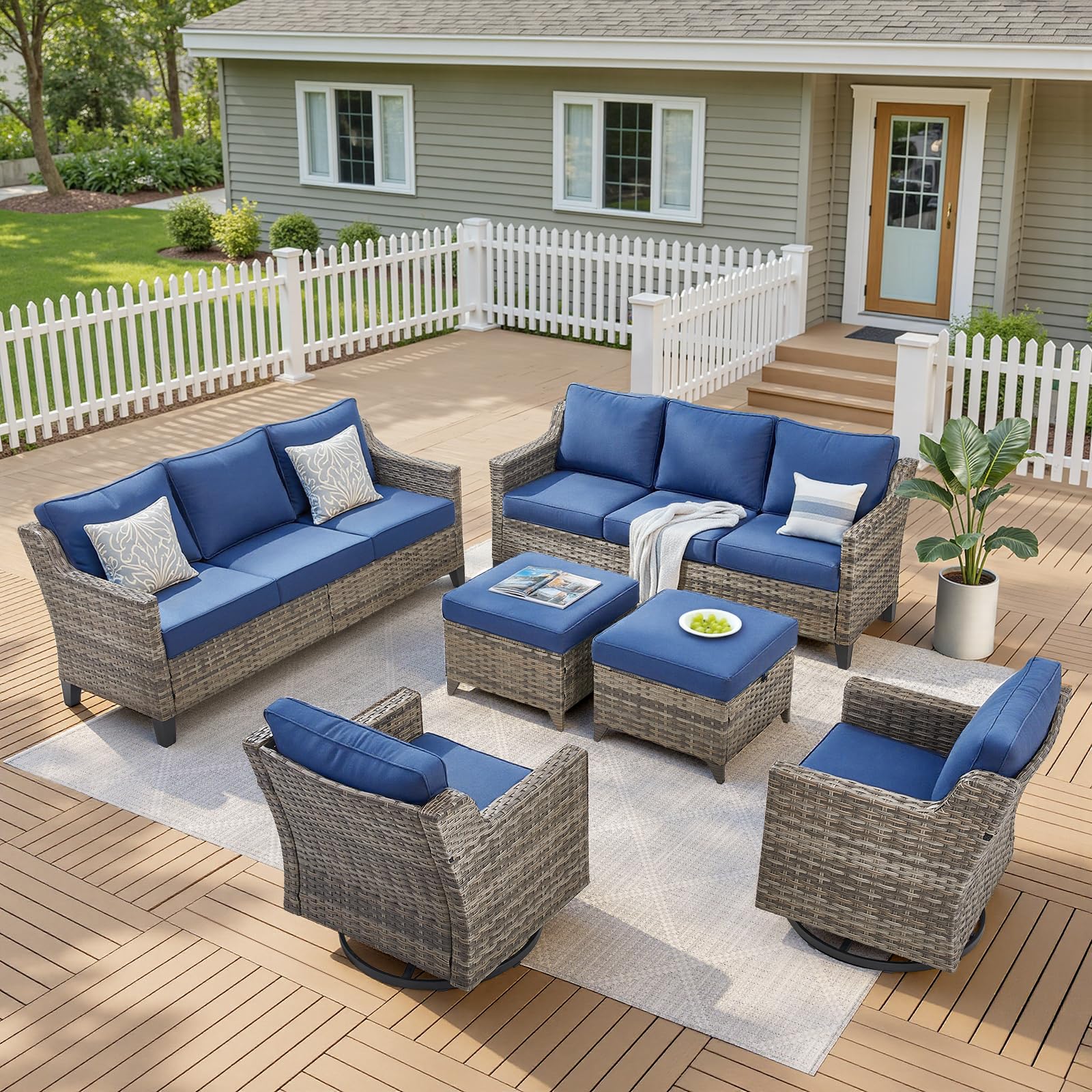 Outdoor Patio Furniture Set-6 Piece High Back Outdoor Furniture Set Sectional Sofa with Wicker Swivel Rocker Patio Chairs,Thick Cushions Ottomans for Porch Balcony Patio Deck Grey/Blue