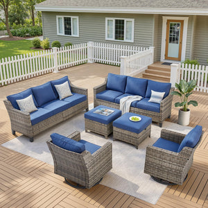 Outdoor Patio Furniture Set-6 Piece High Back Outdoor Furniture Set Sectional Sofa with Wicker Swivel Rocker Patio Chairs,Thick Cushions Ottomans for Porch Balcony Patio Deck Grey/Blue