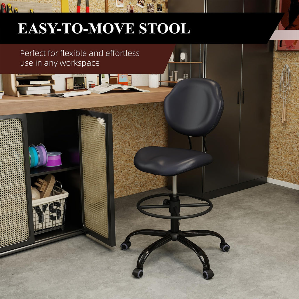 (Black, 2 Pack) Drafting Chair with Back Support, Tall/High Desk Rolling Stool, Faux Leather Office Chair with Height Adjustable for Standing Desk, Home Office, Bar, Workbench & Kitchen
