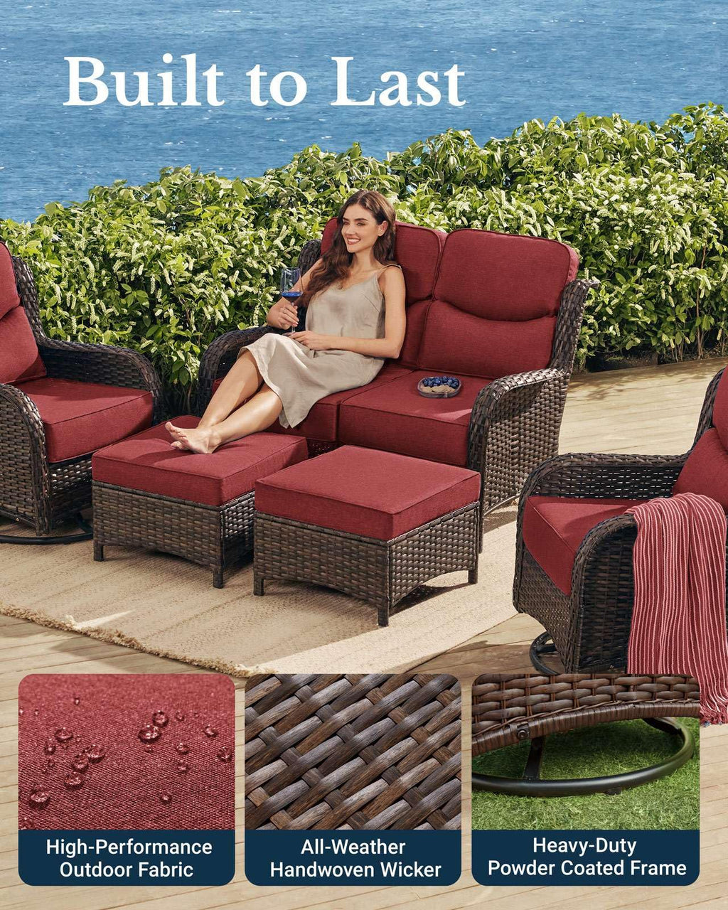 Luxury Patio Furniture Set with 6-inch Thick Cushion, Outdoor Loveseat and High Back Swivel Rocker Patio Chairs, 6PCS Wicker Conversation Set for Deck Yard and Poolside, Burgundy (V2)