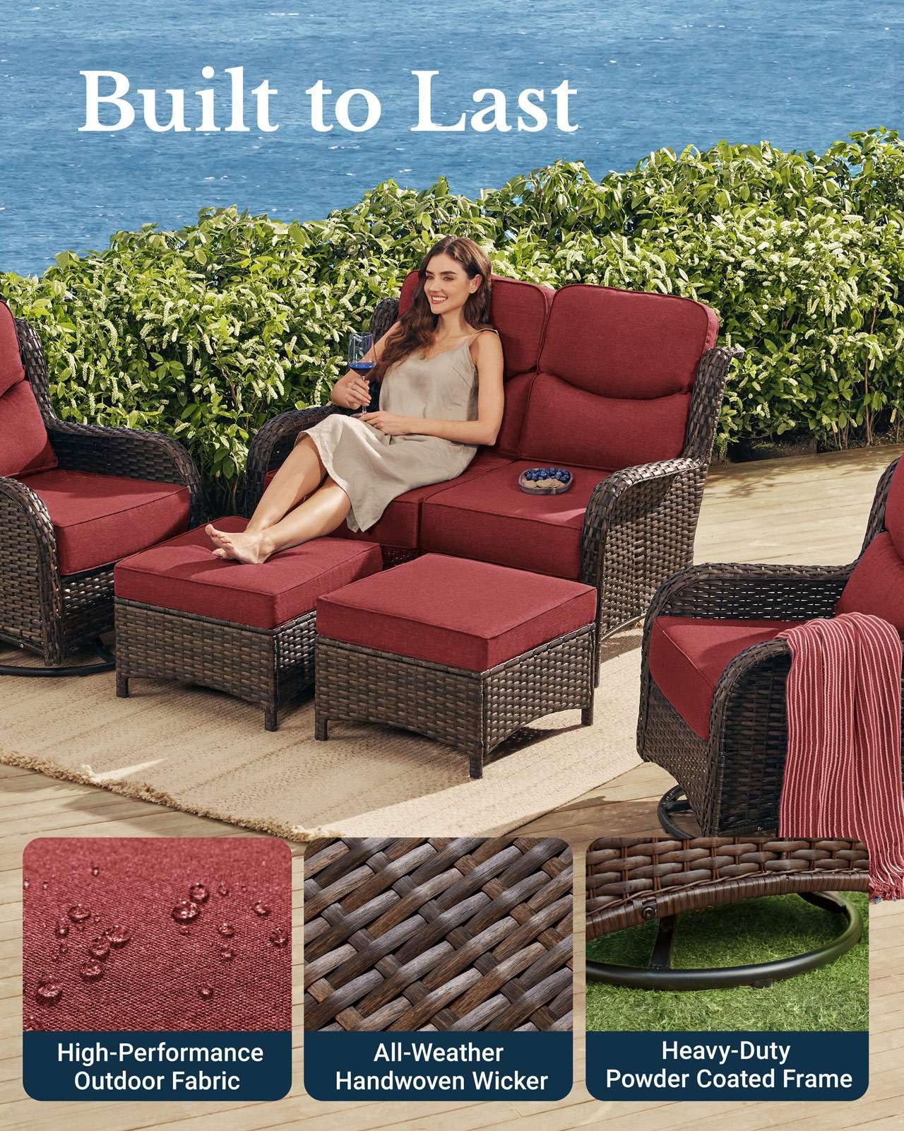 Luxury Patio Furniture Set with 6-inch Thick Cushion, Outdoor Loveseat and High Back Swivel Rocker Patio Chairs, 6PCS Wicker Conversation Set for Deck Yard and Poolside, Burgundy (V2)