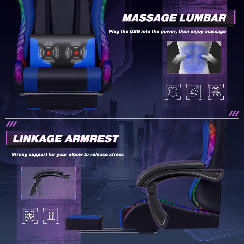 Gaming Chair, Video Game Chair with Footrest and Massage Lumbar Support, Ergonomic Computer Chair Height Adjustable with Swivel Seat and Headrest (RGB Blue)