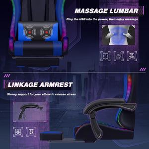 Gaming Chair, Video Game Chair with Footrest and Massage Lumbar Support, Ergonomic Computer Chair Height Adjustable with Swivel Seat and Headrest (RGB Blue)