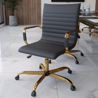Modern Ergonomic Executive Office Chair, High-Back Leather Conference Desk Chair with Adjustable Height, Tilt Control, 360° Swivel & Gold Frame for Home Office