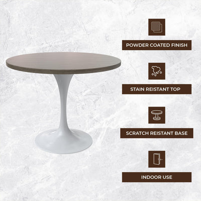 Mid-Century Modern 36 Inch Round Dining Table, MDF Wood Tabletop with White Steel Pedestal Base, Contemporary Kitchen & Dining Room Table, for Small Spaces (Dark Maple)