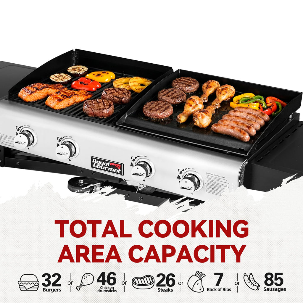 4-Burner Propane Gas Grill and Griddle Combo with Cover, Griddle Grill Combo with 48,000 BTUs Output for Outdoor Cooking While Camping or Tailgating, Black & Silver