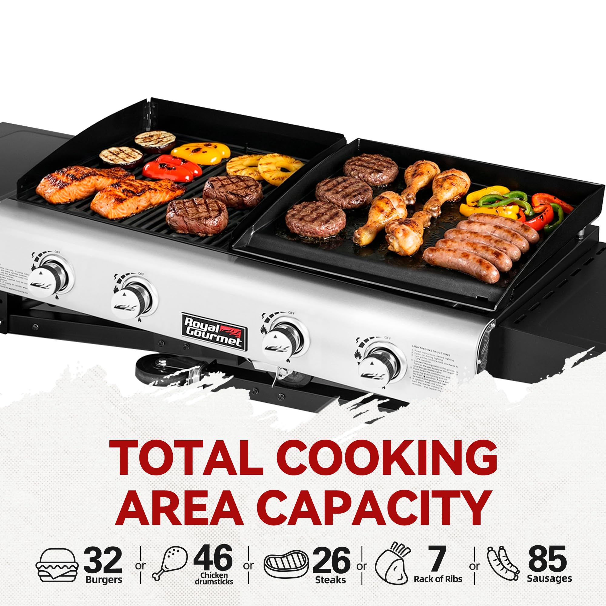 4-Burner Propane Gas Grill and Griddle Combo with Cover, Griddle Grill Combo with 48,000 BTUs Output for Outdoor Cooking While Camping or Tailgating, Black & Silver