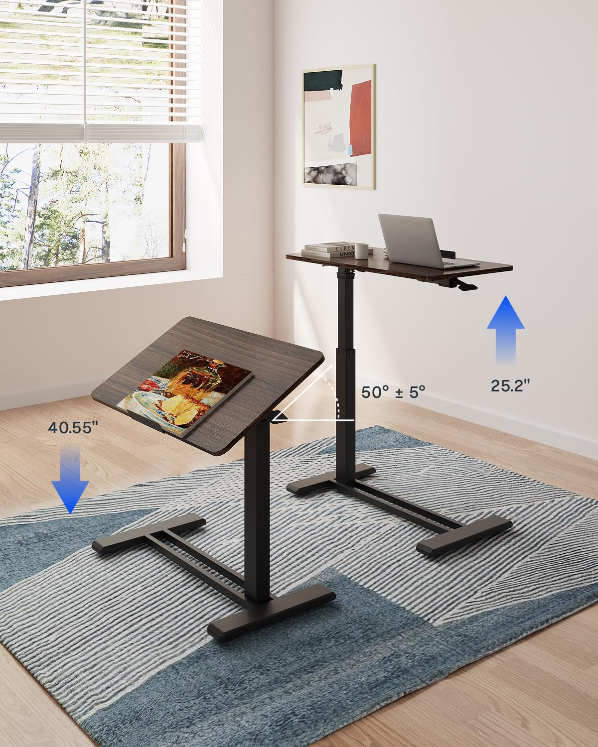 H7 PRO Mobile Standing Desk Adjustable Overbed Table Pneumatic with Wheels 55°Tiltable Portable Laptop Desk Rolling Computer Cart Foldable Bedside Table(27.6" W x 15.7" D, Rustic Brown)