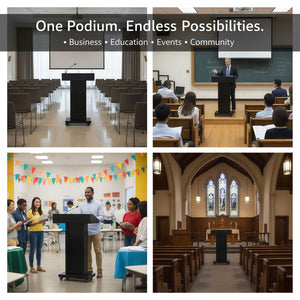 Podium Stand with 4 Locking Wheels, Heavy-Duty Metal Lectern with Large Lockable Storage Cabinet, Flat Desktop for Church, School, Office, and Conference, 43.7