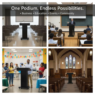 Podium Stand with 4 Locking Wheels, Heavy-Duty Metal Lectern with Large Lockable Storage Cabinet, Flat Desktop for Church, School, Office, and Conference, 43.7