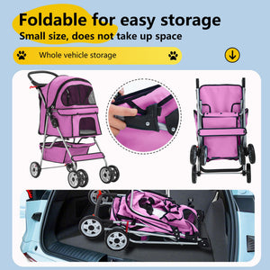 Pet Stroller 4-Wheel Dog Cat Stroller Travel Folding Carrier Puppy Stroller with Cup Holder and Removable Liner for Small Medium Dogs Cats, Pink