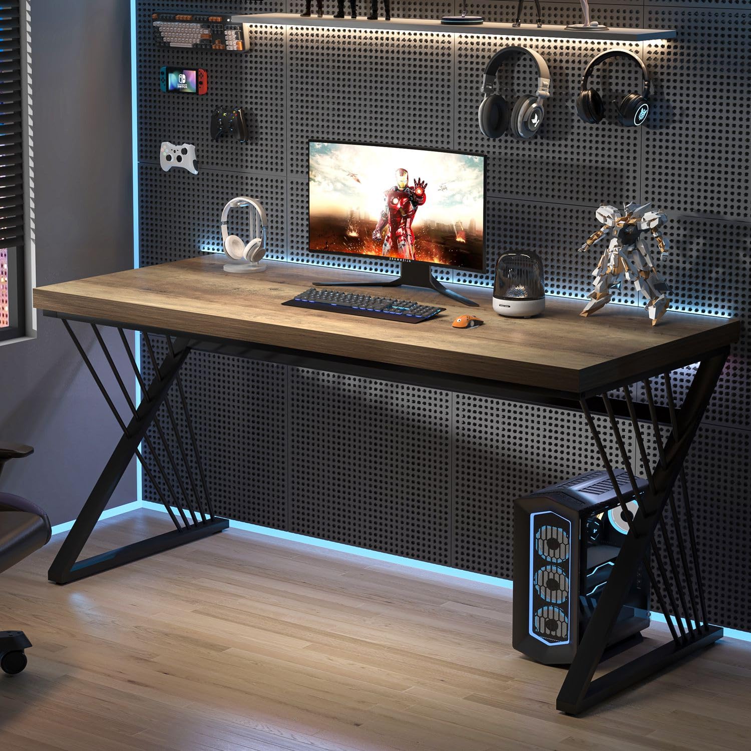 Modern Home Office Desk, Wood and Metal Computer Desk, Industrial Study Writing Work Table for Bedroom Living Room, Oak, 60 Inch