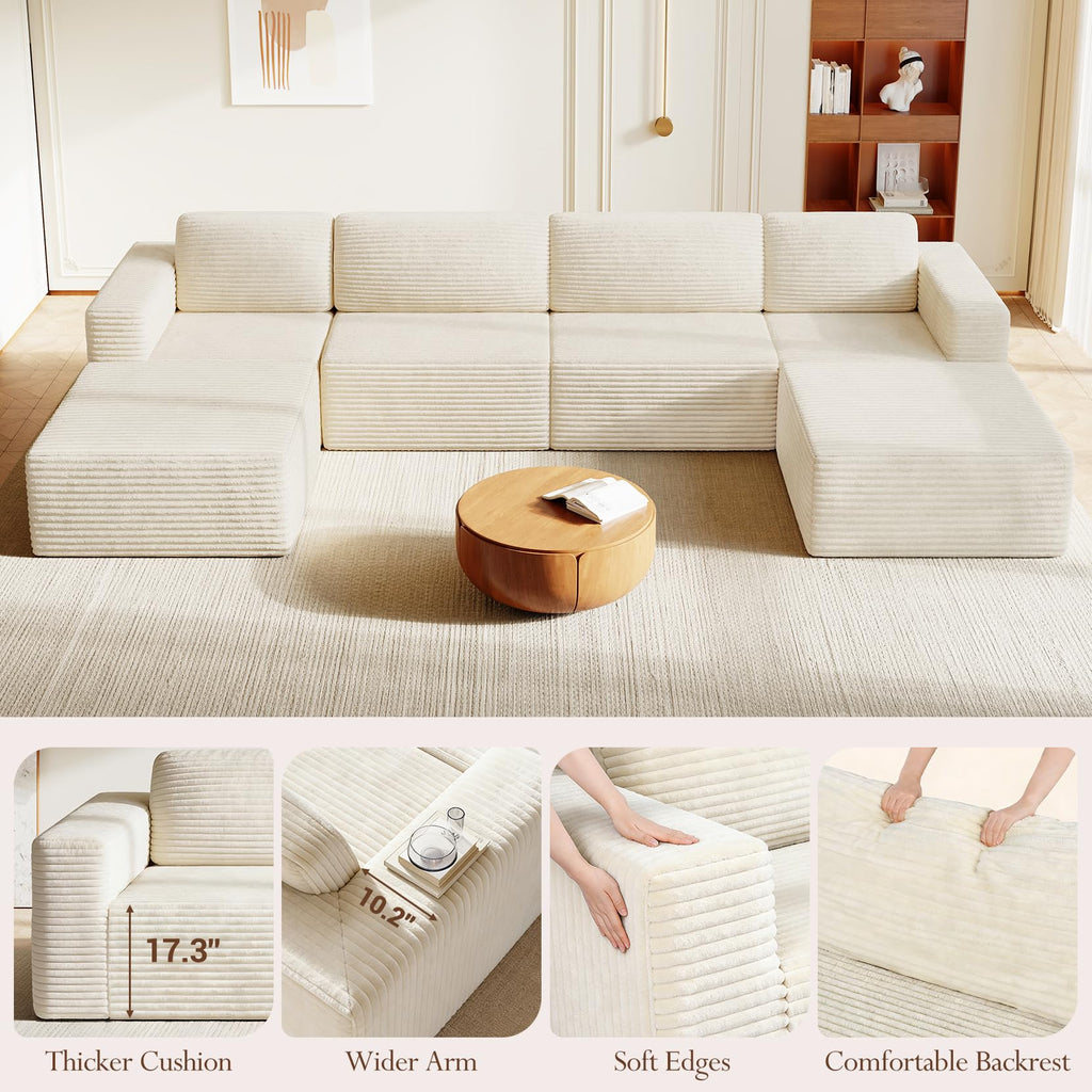 159" Large Modular Sectional Sofa, U-Shaped Corduroy Cloud Couch with Deep Seats & Spring Support, 4-Seater Boneless Sofa with 2 Movable Ottomans, No Assembly Needed, Beige