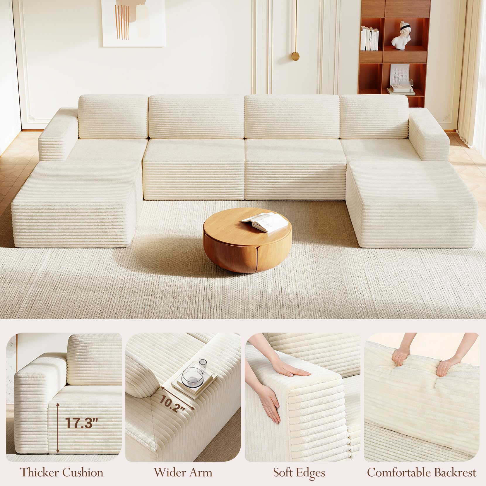 159" Large Modular Sectional Sofa, U-Shaped Corduroy Cloud Couch with Deep Seats & Spring Support, 4-Seater Boneless Sofa with 2 Movable Ottomans, No Assembly Needed, Beige
